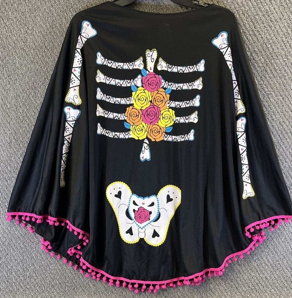 Day Of the Dead Skelton Poncho Cape One Size Halloween Sugar Skull Top